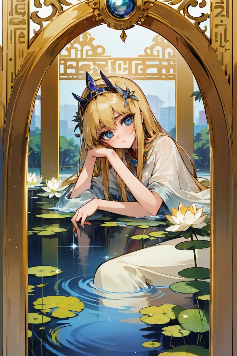 1 Girl,Blonde hair，straight blonde hair，Egyptian clothing，Egyptian Dress Up，Egyptian Queen，Welcome，Young girls，Emerald eyes，Exquisite eyes，beautiful脸庞，Stand by the lotus pond，Detailed CG，image，beautiful，Smooth and fair skin，Ultra high quality，Egyptian Eyeliner，Egypt Baotou