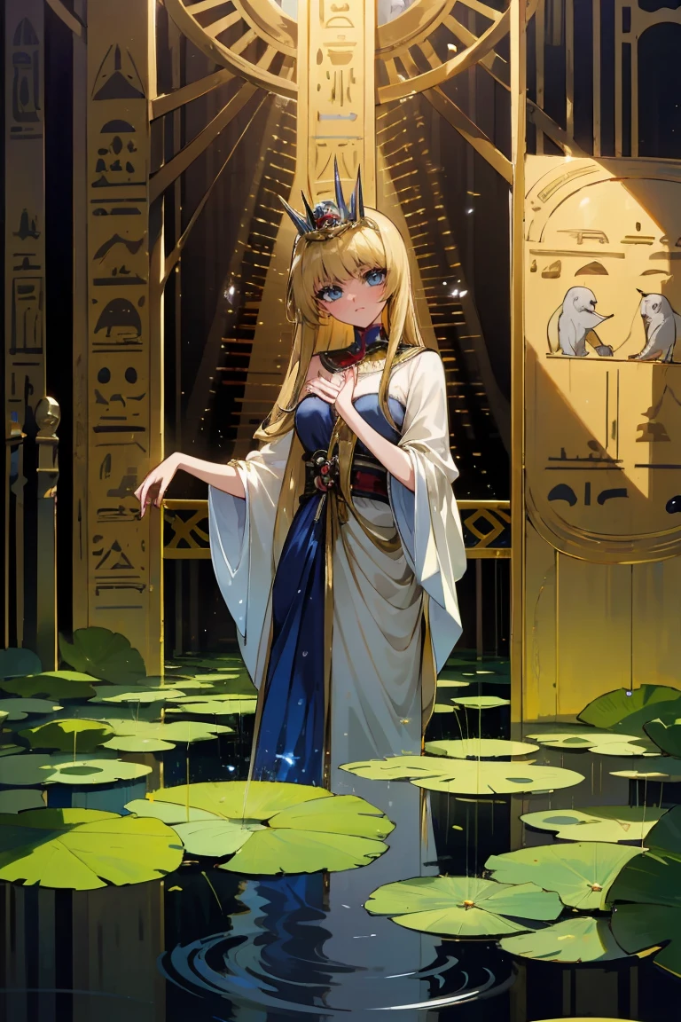 1 Girl,Blonde hair，straight blonde hair，Egyptian clothing，Egyptian Dress Up，Egyptian Queen，Welcome，Young girls，Emerald eyes，Exquisite eyes，beautiful脸庞，Stand by the lotus pond，Detailed CG，image，beautiful，Smooth and fair skin，Ultra high quality，Egyptian Eyeliner，Egypt Baotou