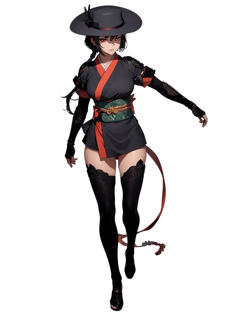 ((1girl, solo)), beautiful body, (perfect anatomy, perfect body, perfect hands, perfect legs), (five fingers:1.5), natural proportions, sexy body, large breasts BREAK
((extremely detailed face)), (beautiful detailed eyes:1.6), (realistic pupils, realistic iris:1), expressive eyes, looking at viewer, (clear eyes:1.3), (hyperrealistic:1.2), (detailed skin texture:1.2), smooth skin, (black hair:1.5), (red eyes:1.3), ((mature female)), (detailed lips:1.2), (attractive lips:1.1), (glossy lips:1.1), (parted lips), perfect face, perfect eyes BREAK
japanese clothes, (short kimono:1.5), puffy short sleeves, sash, black elbow gloves, fingerless gloves, (arm guard:1.5), thighs, black thighhighs, ass visible through thighs, jingasa, samurai hat BREAK
(masterpiece:1.5), anime-style, top quality, best quality, (beautiful and aesthetic:1.2), (ultra detail:1.5), Ultra-detailed depiction, Ultra-precise depiction, extremely detailed 8k illustration, high resolution, (highly detailed shading:1.2), (realistic lighting:1.4), perfect lighting, vibrant colors, dynamic tones, striking hues, 8k, absurd resolution, perfect shadows, hdr, UHD, ambient lighting, realistic, ultra-realistic, photo realistic, highly detailed, rich detail, luminous colors, fine texture, intricate design, professional illustration, (soft light:1.2), (illustration:0.7)