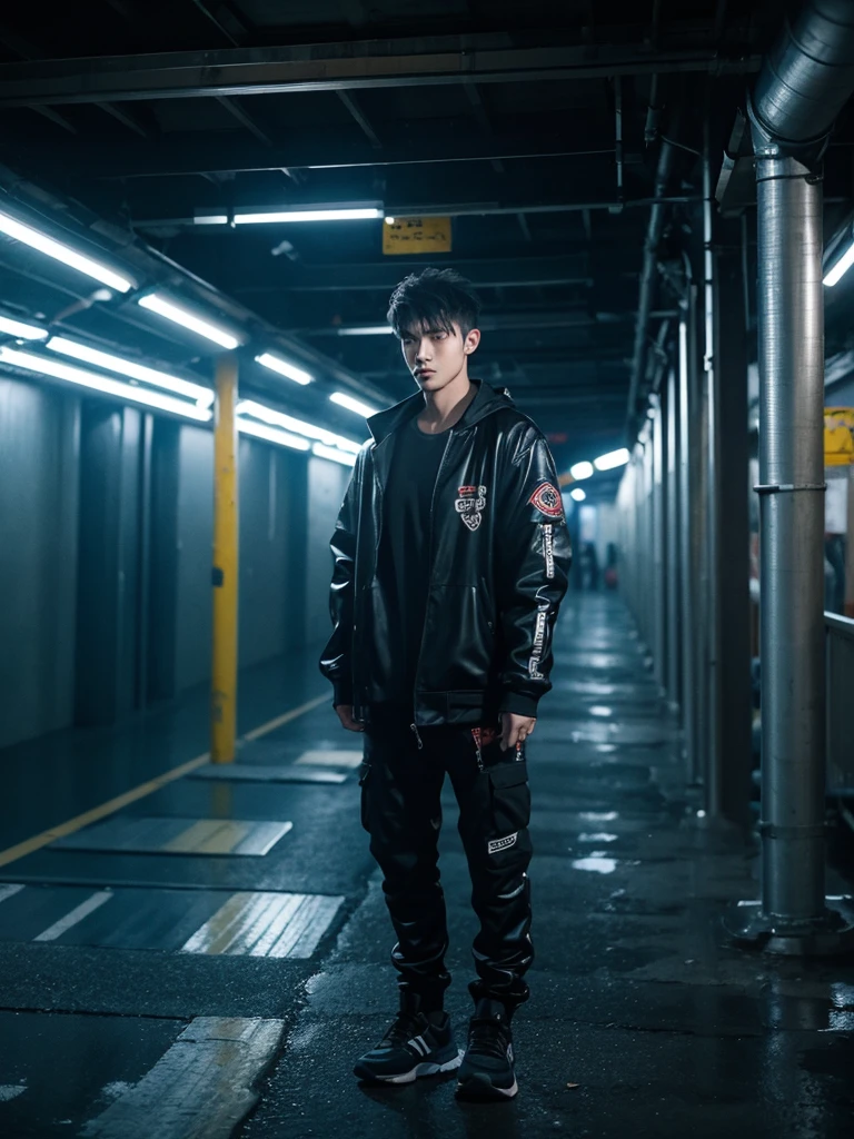 1 men, night vibes , huge underground warehouse, techno raver, looking badass, no blur, 16k - night time - time, no blurry eyes, male model, ideal body, full body.