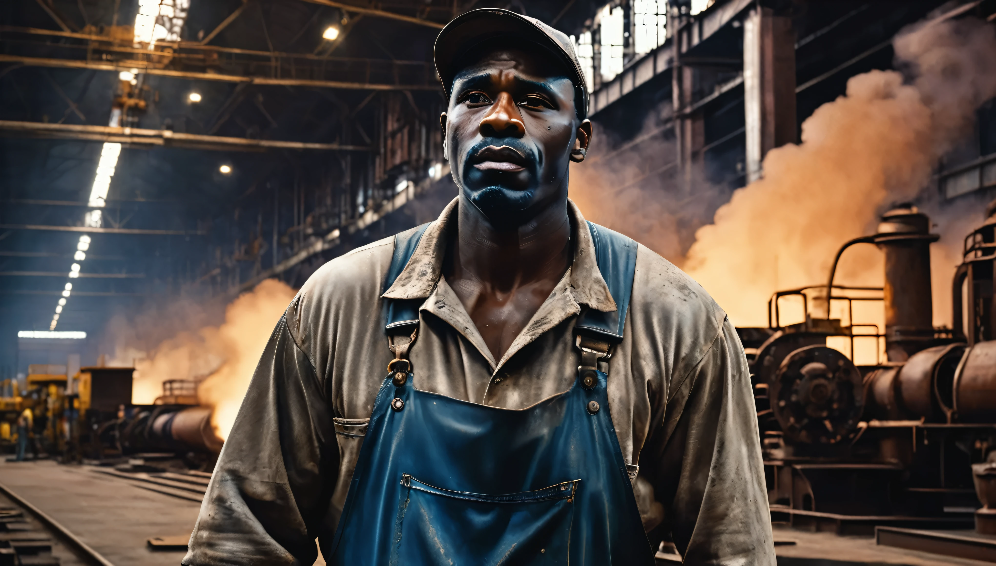 a black man working at republic steel from 1953 to 1992, steel mill, machinery, fellow workers, hardworking, dedicated, (best quality,4k,8k,highres,masterpiece:1.2),ultra-detailed,(realistic,photorealistic,photo-realistic:1.37),industrial, gritty, moody lighting, dramatic shadows, warm tones, cinematic, detailed facial features, muscular build, working class, grease and dirt on clothes, intense expression, focused on task