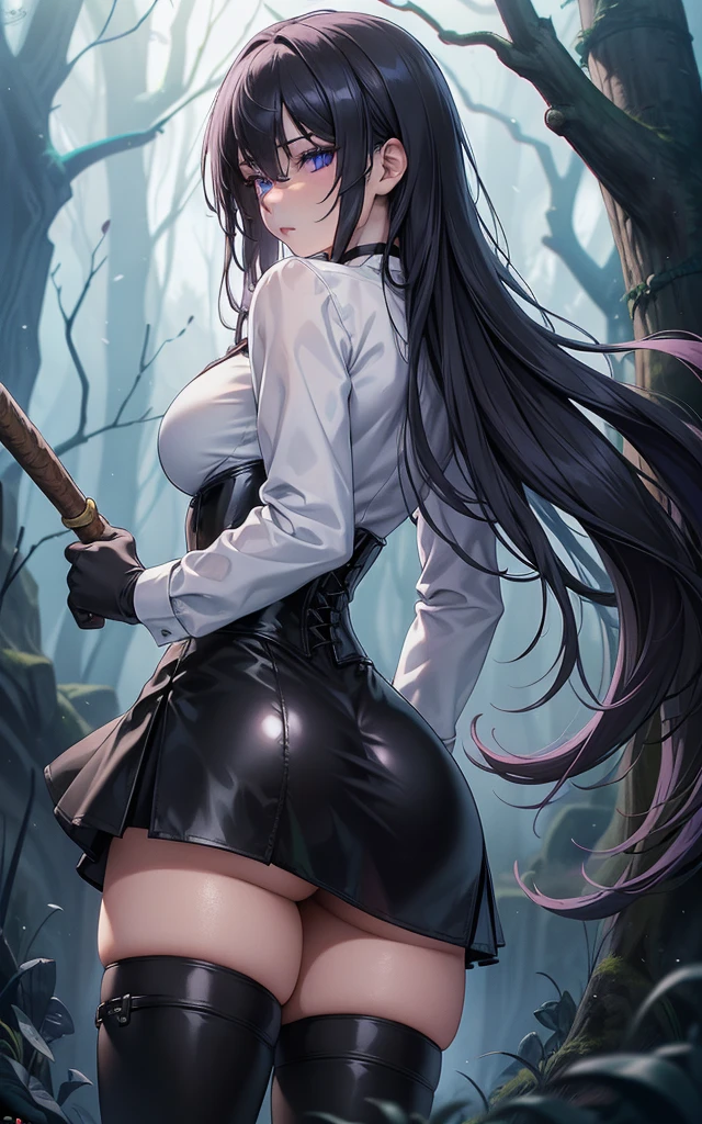 Masterpiece, Beautiful art, professional artist, 8k, art style by sciamano240, Very detailed face, Detailed clothing, detailed fabric, 1 girl, view from behind, perfect ass, perfectly drawn body, fighting pose, beautiful face, long hair, blue eyes, very detailed eyes, pink cheeks, shy expression, choker:1.6, (long sleeve white collar buttoned shirt), black gloves, gloves covering hands, (holding an ax in the right hand), (black leather corset), (black  miniskirt), (shiny black leggings), sensual lips ,  evening de invierno, show details in the eyes, view from front, looking at the viewer, dark path, dark forest, evening, Atmosphere, fog