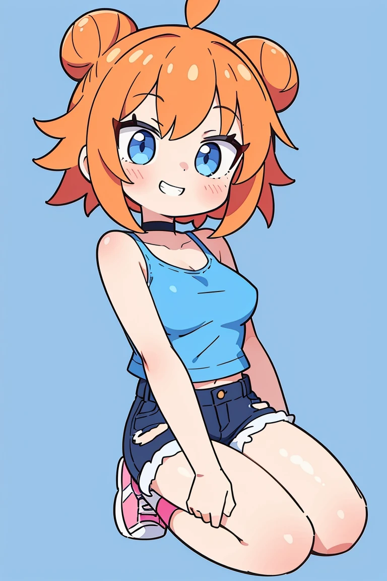 1girl, solo, orange hair, twin buns, blue eyes, eyeliner, light grin, medium breasts, pink t-shirt, black choker, bare shoulders, denim shorts, light blue sneakers