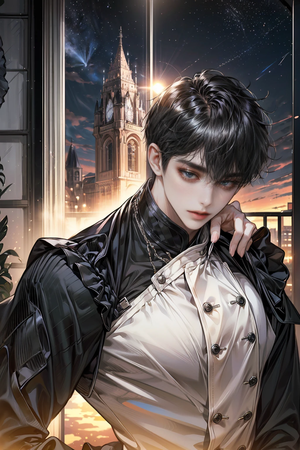 ((4K works))、masterpiece、(top-quality)、One Beautiful Boy、Slim body、tall、((Black Y-shirt and white pants、big ass,Charming street style))、(Detailed beautiful eyes)、Stylish English Black Balcony、Castle inhabited by villains、Black shop window、Balcony at night、((Starry sky in the background))、((dark sky))、((Stylish cityscape))、((Shot on a stylish veranda))、mid night、((Short-haired black hair))、((Smaller face))、((Neutral face))、((White eyes))、((American adult male))、((Adult male 26 years old))、((Cool Men))、((Like a celebrity))、((Wild look))、((Korean Makeup))、((elongated and sharp eyes))、((Happy dating))、((boyish))、((Upper body photography))、Professional Photos、((Shot alone))、((shot from back))、((Shot so that the back of the head is visible))、((Shot in close proximity to him))、((Focus zoom in))、((He is watching the sunset))、((He is standing on the balcony))