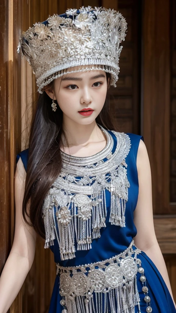 (8K,best quality,masterpiece:1.2),Ultra-high detail,Professional lighting,best quality,Ultra-high resolution,Visually stunning,(1 girl:1.1),(Miao clothing、hat),Real human skin,(Perfect body 1.3)Super delicate face。