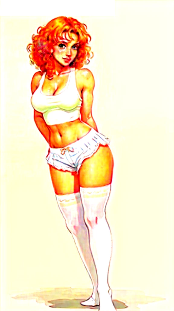 Lacy Lemon, pretty woman, curly ginger hair, midriff, white cloth hotpants,tank top, short shorts, freckles, large breasts, rubenesque, thigh high striped socks, far shot, covered nipples, green eyes, white background, blank background