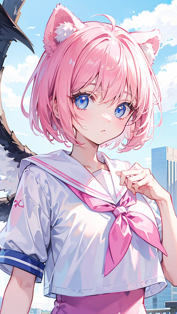 Ski Style, One person, alone, Pink Hair, Animal ears, blue eyes, wing, View your viewers, Mole, bangs, short hair, bow, Sailor collar, Simple Background, white Sailor collar, Mole under mouth, hair bow, pink bow, Mouth closed, shirt, white shirt, Bear ears, Bobcut, mini wing, Gray background, Portraiture, detached wing, compensate, Upper Body, White Background,polka dot panties.