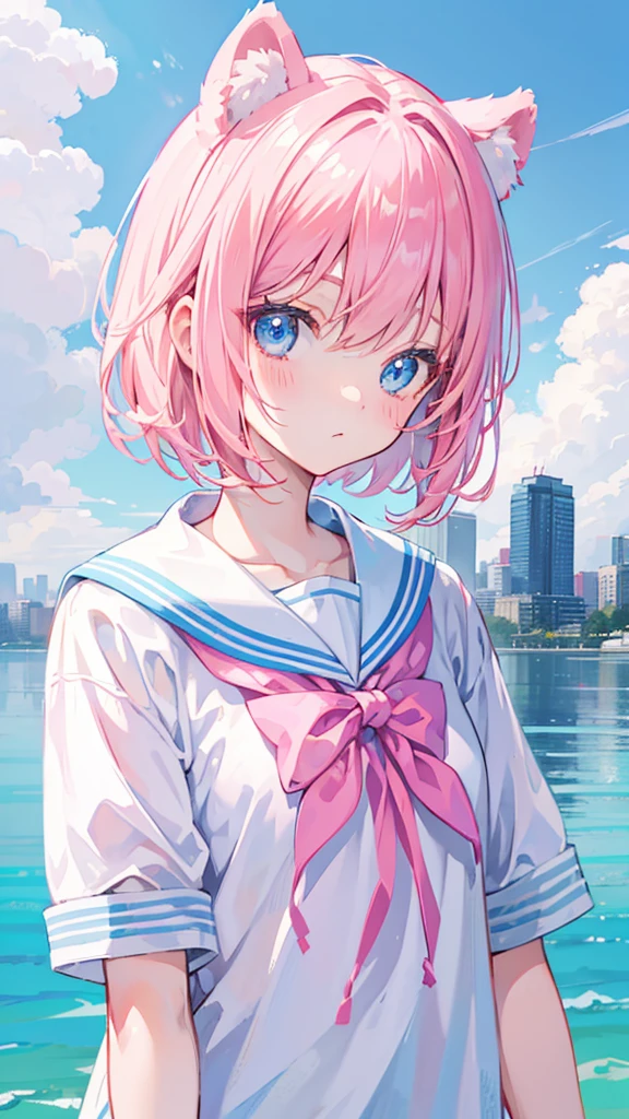 ski style, 1 girl, Alone, pink hair, animal ears, Blue eyes, Alas, looking at the viewer, hits, short hair, bow, sailor collar, white sailor collar, hair bow, pink bow, Closed mouth, shirt, white shirt, bear ears, bob cut, mini Alas, portrait, detached Alas, make up, Upper part of the body, City in the background