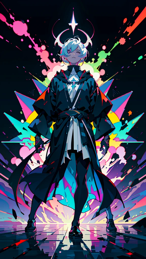 (anime boy, neon colors:1.1, devil, satan, extremely psycho, maniac grin, crazy, lunatic, ominous, cool)(best quality,4k,8k,highres,masterpiece:1.2),ultra-detailed,(realistic,photorealistic,photo-realistic:1.37),edgy, vibrant colors, intense lighting, stylized artwork, dynamic pose. Half body, standing, facing camera, priest, religious clothes, heavy robe, heavy religious symbol