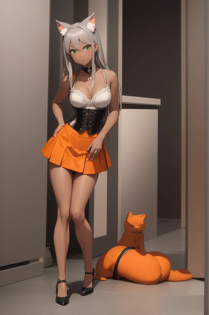 (masterpiece, best quality:1.2), full body, one girl, gray small cat ears, green eyes, dark skin, gray bra, orange corset, gray tight skirt, no background,
