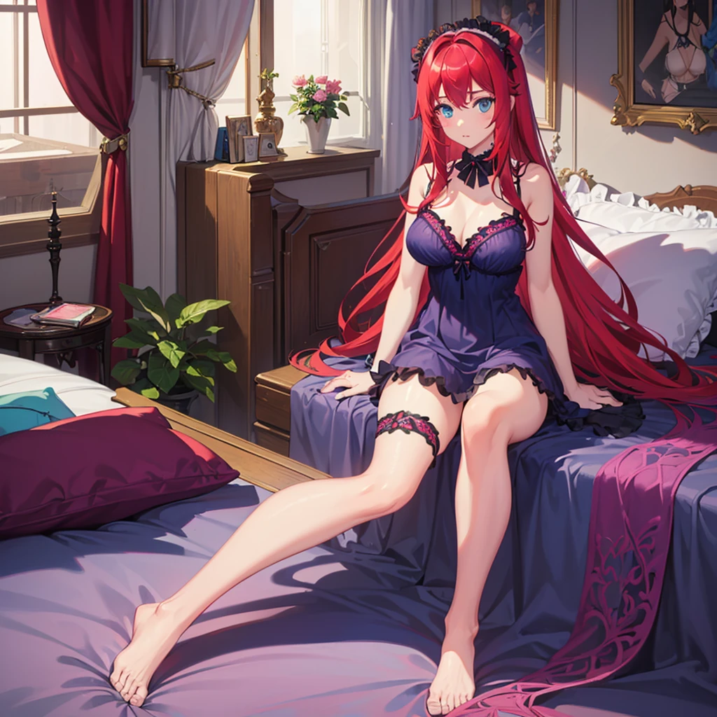 ((best quality)), ((masterpiece)), (detailed), perfect face, perfect budy, 1girl,solo, red long hair, cyan eyes, purple ccamisole, ((see-through)), ((frilly camisole)), the girl lying on the bed, Seeing the girl from the front, bed background
