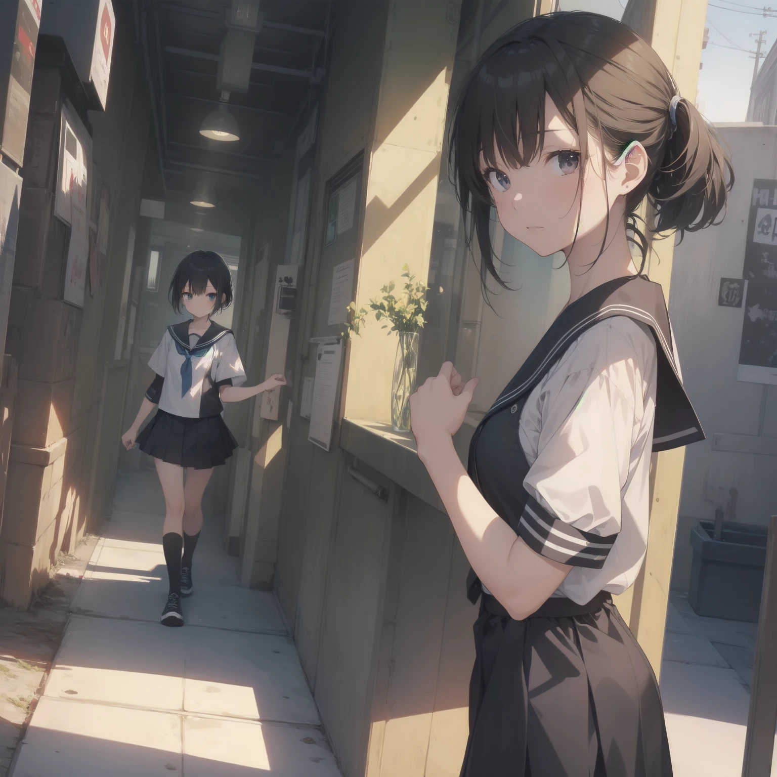 ultra-absurdres-Top quality by artist God, ultra-detailed, high resolution, anime moe artstyle, best anime 8k konachan wallpaper, pixiv contest winner, pool:2810, perfect ???????,break, 1girl, (Please draw a girl walking sleepily to school alone. )break,(Solo,little female, 13-year-old:1.3),Full limbs, complete fingers,a junior high school student, (very short hair), short cut, flat chest, , small butt, small black eyes, beautiful detailed eyes, well-proportioned iris and pupils, expressive eyes, highres detailed hair, soft expression, salor school_uniform, sailor collar, serahuku, bow, pleated skirt,(Detailed Lighting), (Detailed background), in the School commute route. break,dewy skin, perspiration on the skin,skin texture, fine lines, pores, natural imperfections,light reflections, glossy skin, shiny skin,break, Best cinematic lighting powered by famous artist, 8k,beauty illustration,photoshop_(medium),very aesthetic,break,((artist:enkyo_yuuichirou )), artist:clamp ,artist:carnelian ,artist:kantoku ,

