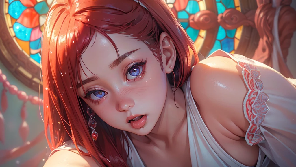 A tiny junior idol in a white outfit with delicate lace, Glossy red lips and tongue, (Expose:0.9), (Nipples:-0.9), (Dynamic Close-up, (Dazzling stained glass background)), (((Renbutsu Misako), Colorful lights shine through the stunning, intricate stained glass:1.2)), Bright red, Lens Particles, Lens flare, Light Particles, Dazzling halo. ((Accutance:0.8)), (masterpiece:1.2),(Super detailed:1.37),(Realistic,photoRealistic, ((photo-Realistic:1.37))born々new feeling). (Highly detailed KAWAII facial variations, Variations in expression),  Fine eyes with shimmering highlights, Captivating Gaze, Long eyelashes, Slight redness in the face, Rosy Cheeks, Perfect skin texture . { The girl&#39;s body is covered with flowers | Mysterious sight | mist }, ((Dynamic Angle, Physically Based Rendering)) . (((Big eyes:-0.9, Not a detailed finger:-0.9))) .
