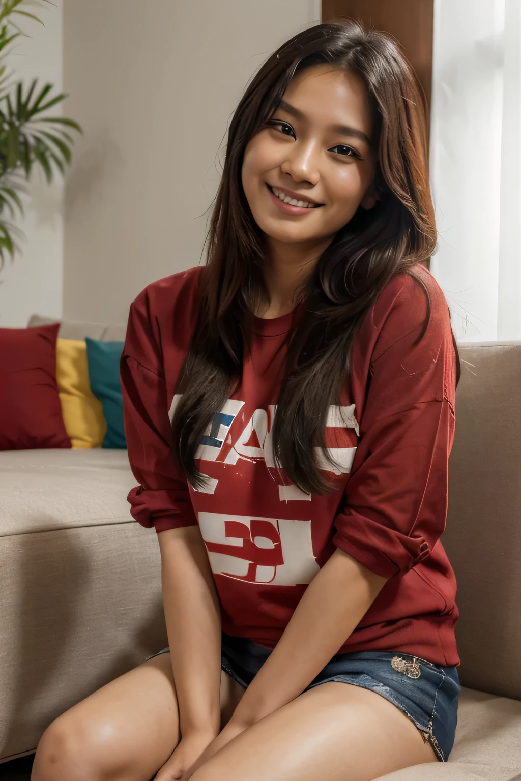 a south-east asian girl, age 30 years old, siitting in the living room, smiling. wearing red home casual clothes. looking at the viewer. high resolution. ultra-realistic.