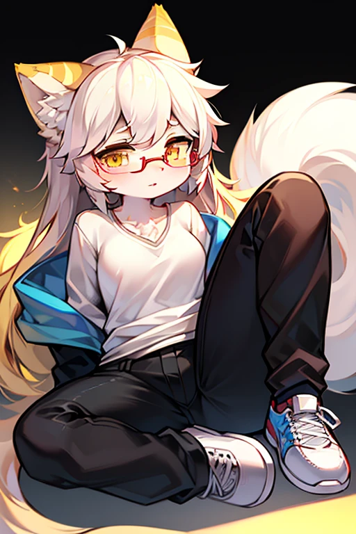 (Best quality,4K,8K,high resolution,masterpiece:1.2),Ultra Detailed,cute的蓝发女孩,fluffy,cute,illustration,number,Vibrant colors,Surreal,Pastel color palette,Soft lighting,hairy,Cat,Cat耳朵,Cat尾巴,Yellow eyes,female,Long Tail,personification,Blue fur,White shirt,Black pants,White background,Glasses,White shoes,fluffy的艺术风格