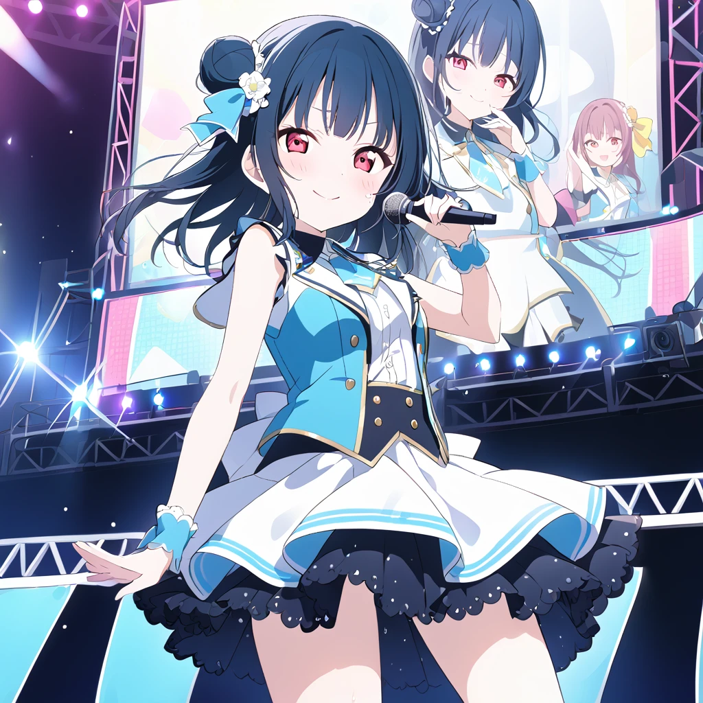 Yoshiko Tsushima Live Stage Blue Hair semi-long One-sided bun microphone A shining stage Red Eye Aqours cute smile Sweat