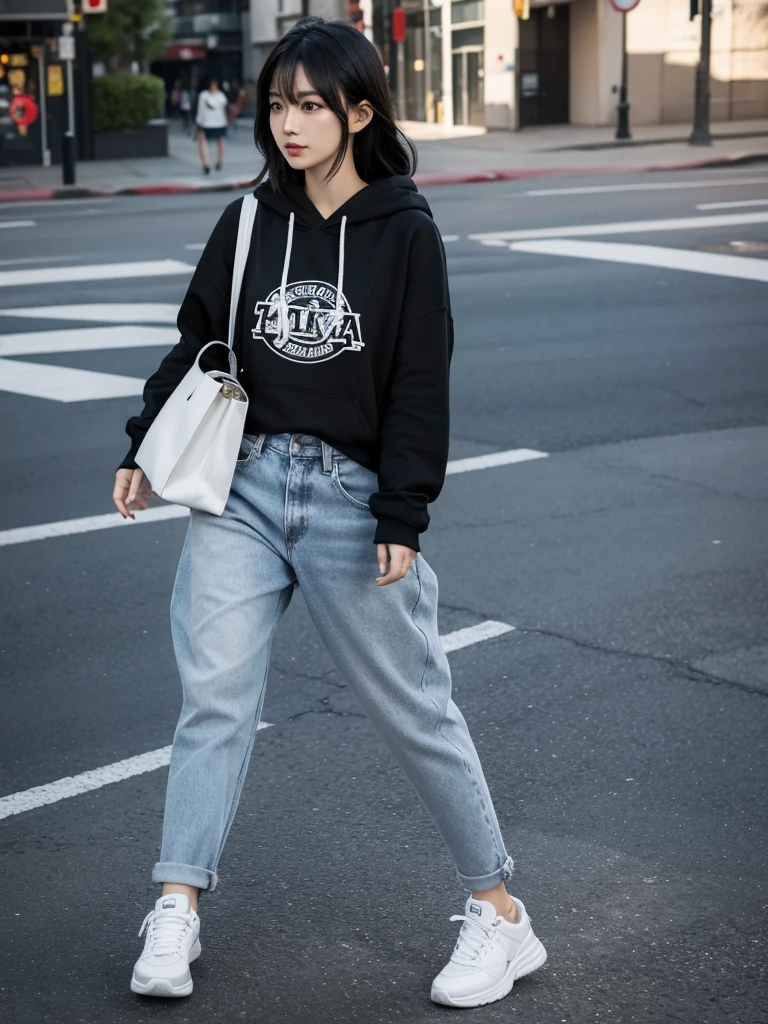 an Asian woman, 30 years old, layered black hair, wearing baggy jeans, black hoodie, white sneakers.