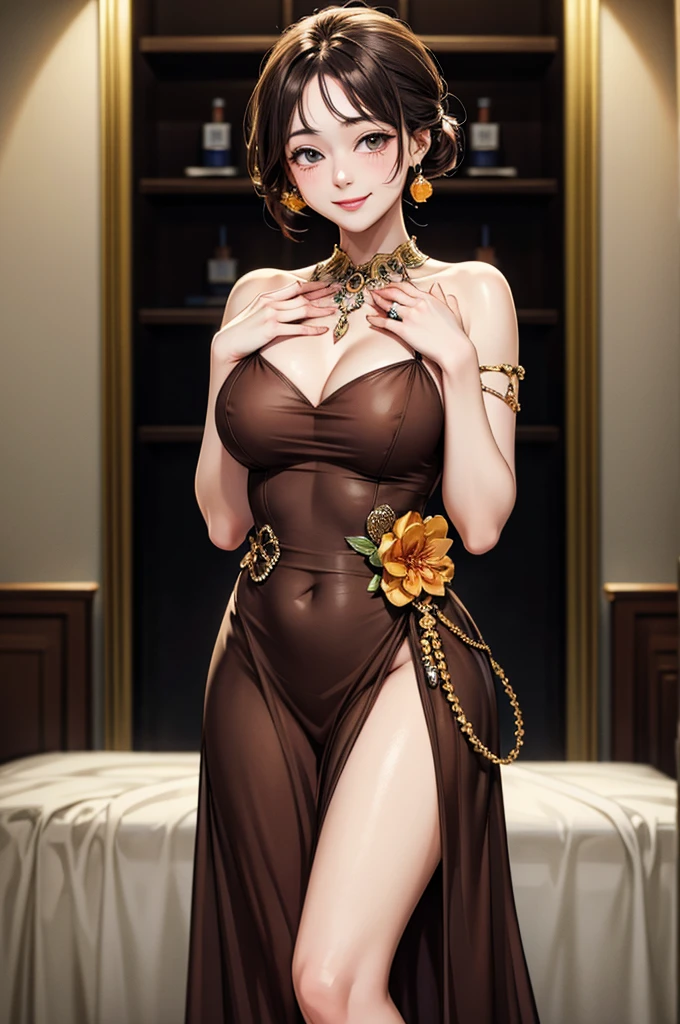 ((Masterpiece,best quality)), 4K, height, 1 girl, alone, smile, Brown dress, (Perfumer costume 2:1.2), 