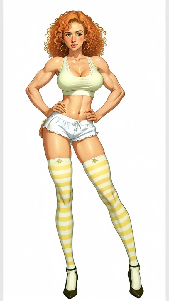 Lacy Lemon, pretty woman, curly ginger hair, midriff, white cloth hotpants,tank top, short shorts, freckles, large breasts, rubenesque, thigh high striped socks, far shot, covered nipples, green eyes, white background, blank background