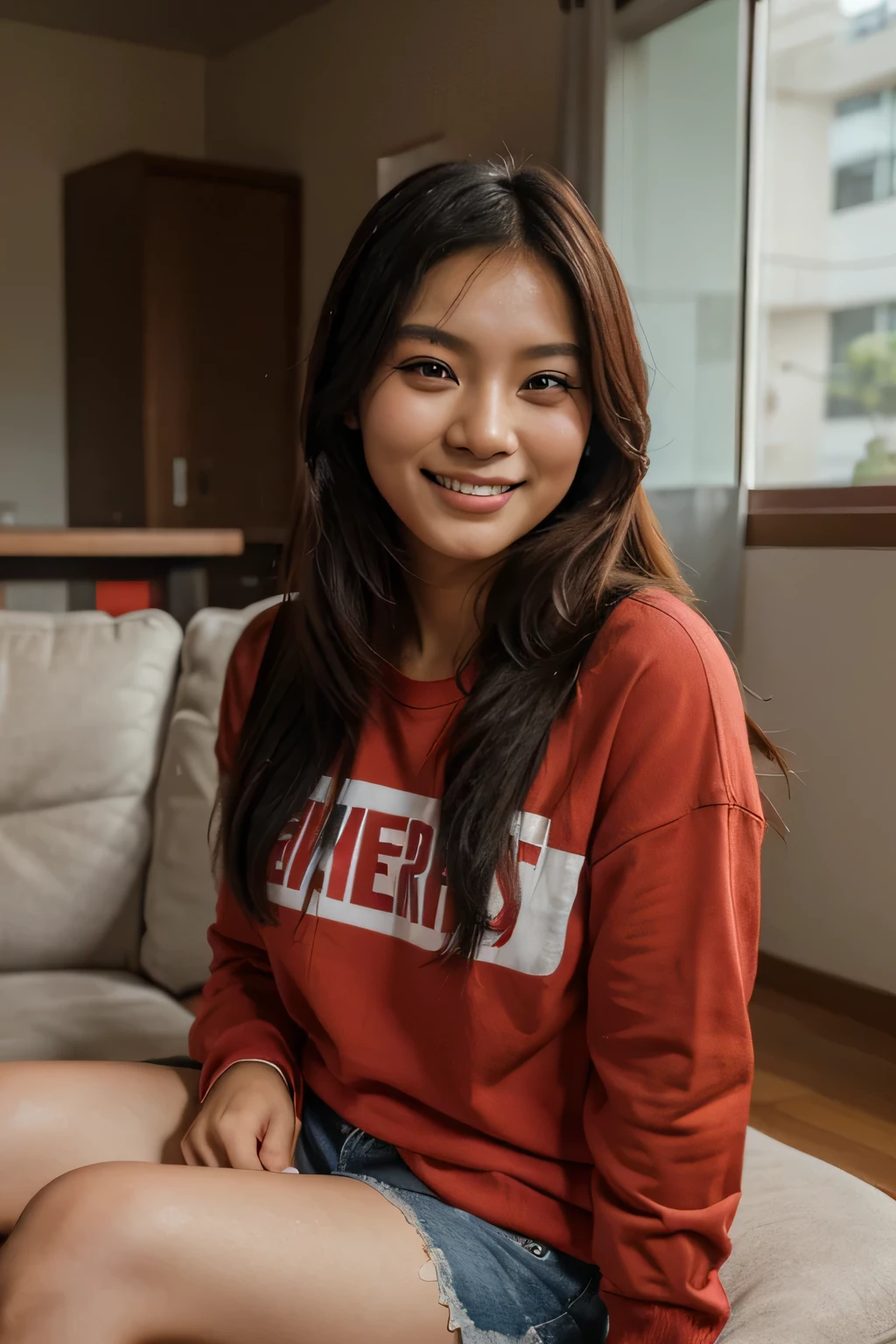 a south-east asian girl, age 30 years old, siitting in the living room, smiling. wearing red home casual clothes. looking at the viewer. high resolution. ultra-realistic.
