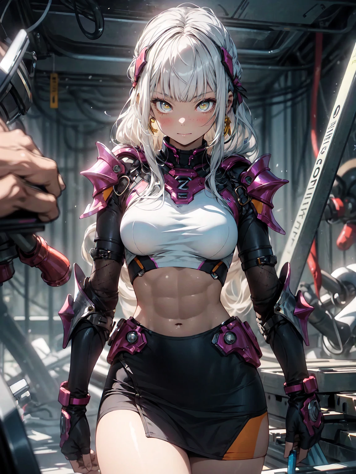 Be realistic,(masterpiece,Highest quality,Highest quality,Very detailed,Fractal Art,Most detailed,(Abstract background:1.5)(1 Girl),Kamimei,(Hair length),( puppet, Yellow Eyes, Pale skin, Yellow Hair, Long Hair, Blunt bangs, Braiding,Big Breasts、Toned Abs,Stunned)、crystallization,Swimsuit、High leg、Sexy、Machine Armor、Sunburned skin、(Black pencil skirt)