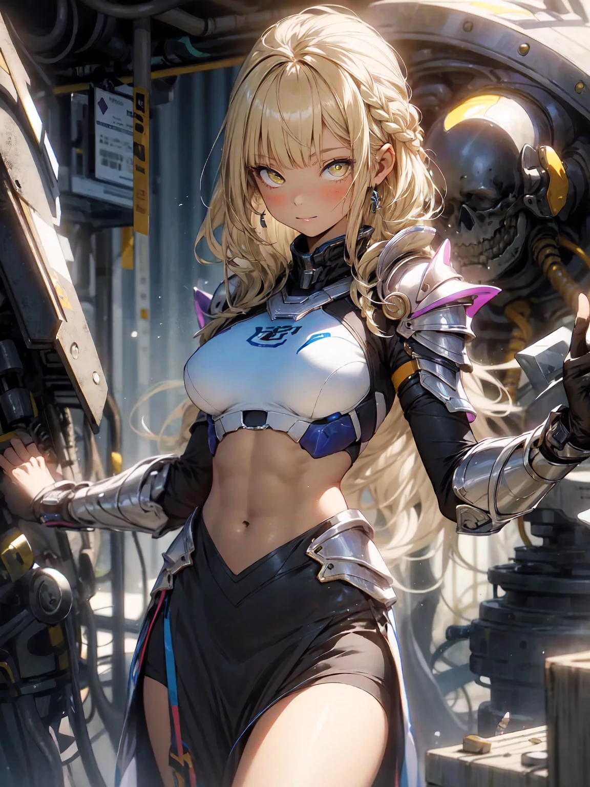 Very detailed、highest quality、Best image quality、masterpiece、8k、Anime Face、A kind smile、Open your mouth、Sparkling blue eyes、(Blonde wavy hair:1.5)、、Muscles of the whole body、camisole、Thigh belt、mini skirt、(Wearing pink bikini armor:1.5)、(Cowboy Shot:1.5)、(Leg armor:1.5)、(Wearing a helmet:1.5)