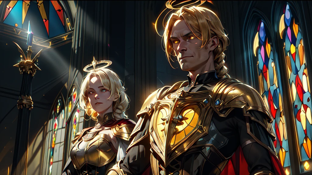 Upper body of a paladin lady in richly decorated golden armor, golden hair, black collar, Shoulder pieces, Brustplatte, corset, shining halo, single braid, bionde, yellow glowing eyes, Smart students, eye focus, red cape, Temple inside, stained glass window, natta, moonlight, Particle, light beam, chromatic aberration