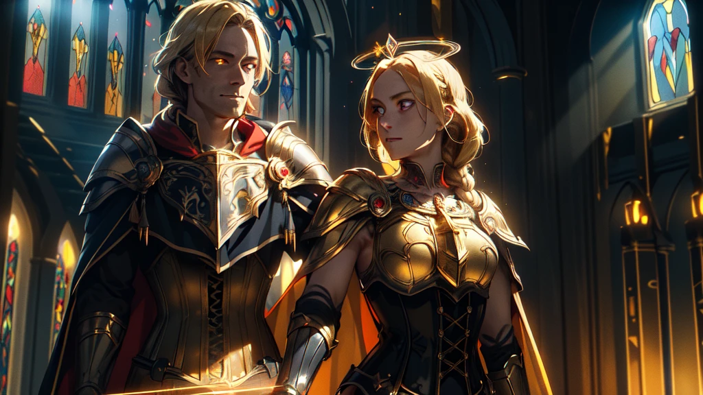 Upper body of a paladin lady in richly decorated golden armor, golden hair, black collar, Shoulder pieces, Brustplatte, corset, shining halo, single braid, bionde, yellow glowing eyes, Smart students, eye focus, red cape, Temple inside, stained glass window, natta, moonlight, Particle, light beam, chromatic aberration
