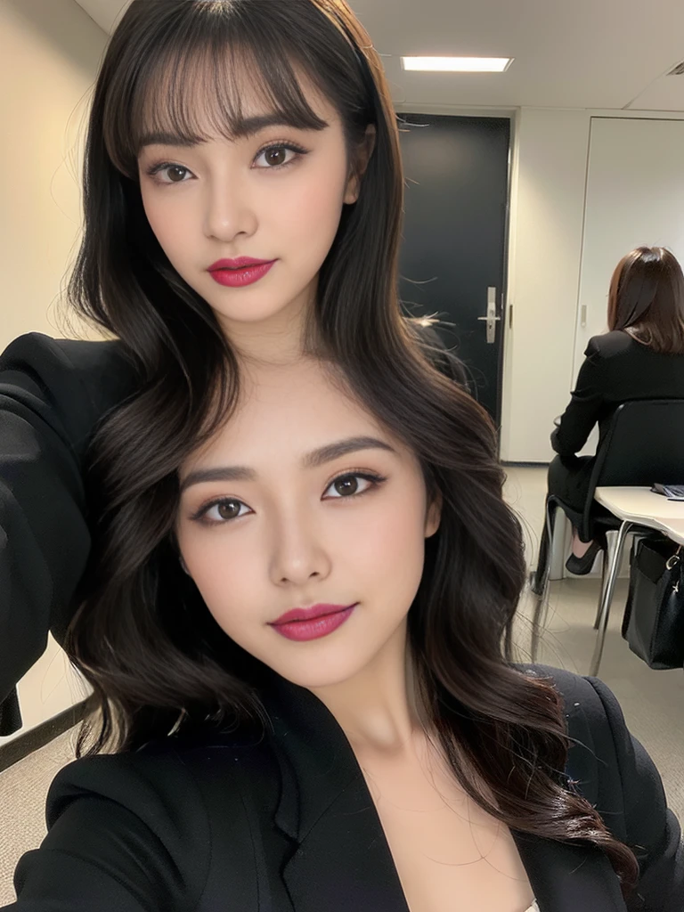 (One Woman:1.8)、Highest quality、Super detailed、4K、Japanese、Captivating beauty、Attractive adult woman、brainwashingされた、brainwashing、Fallen into evil、Grin、邪evilな表情、邪evilな笑顔、evil、Brown Hair、Wavy Hair、Swept-apart bangs、Heavy makeup、Heavy makeup、Sharp Eye、Hollow Eyes,Half-closed eyes、Hollow Eyes、purple eye shadow、Black lipstick、Black lip gloss、suit、Black jacket、blouse、Black tight skirt、night、In the office、Have lipstick