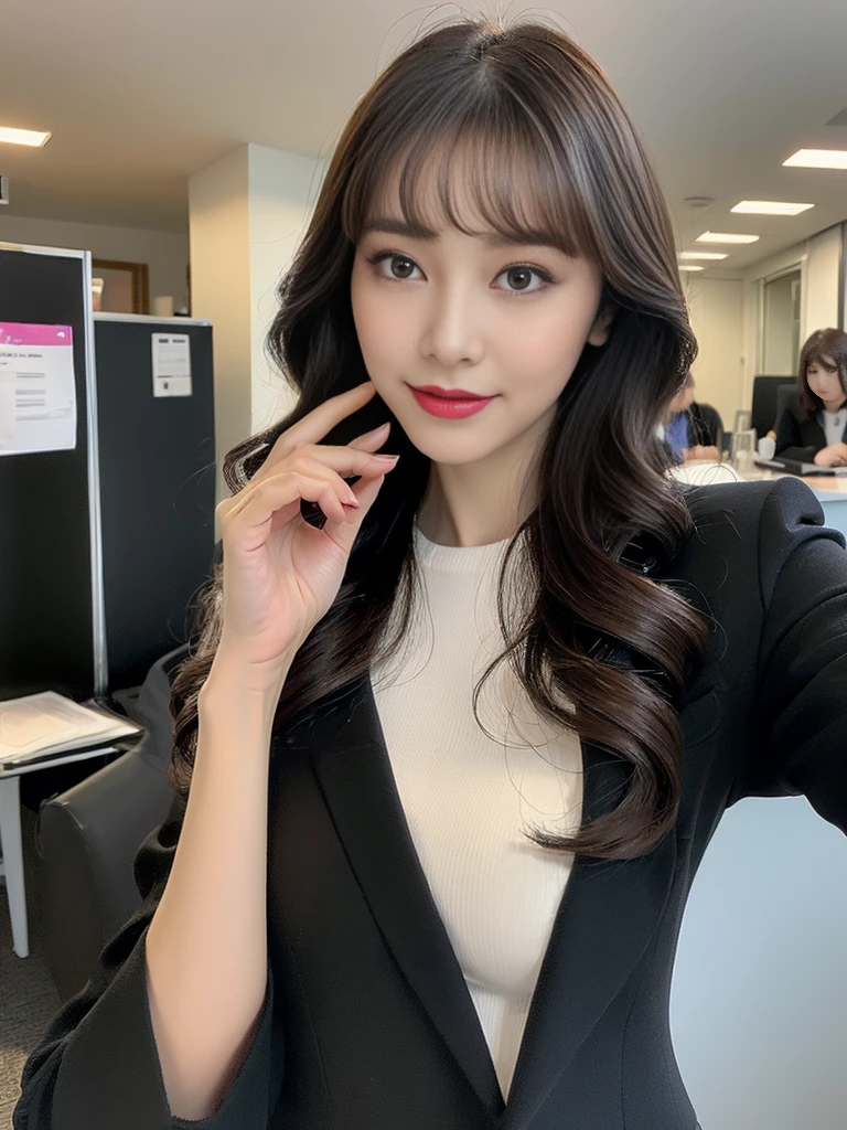 (One Woman:1.８)、Highest quality、Super detailed、4K、Japanese、Captivating beauty、Attractive adult woman、brainwashingされた、brainwashing、Fallen into evil、Grin、邪evilな表情、邪evilな笑顔、evil、Brown Hair、Wavy Hair、Swept-apart bangs、Heavy makeup、Heavy makeup、Sharp Eye、Hollow Eyes,Half-closed eyes、Hollow Eyes、purple eye shadow、Black lipstick、Black lip gloss、suit、Black jacket、blouse、Black tight skirt、night、In the office、Have lipstick