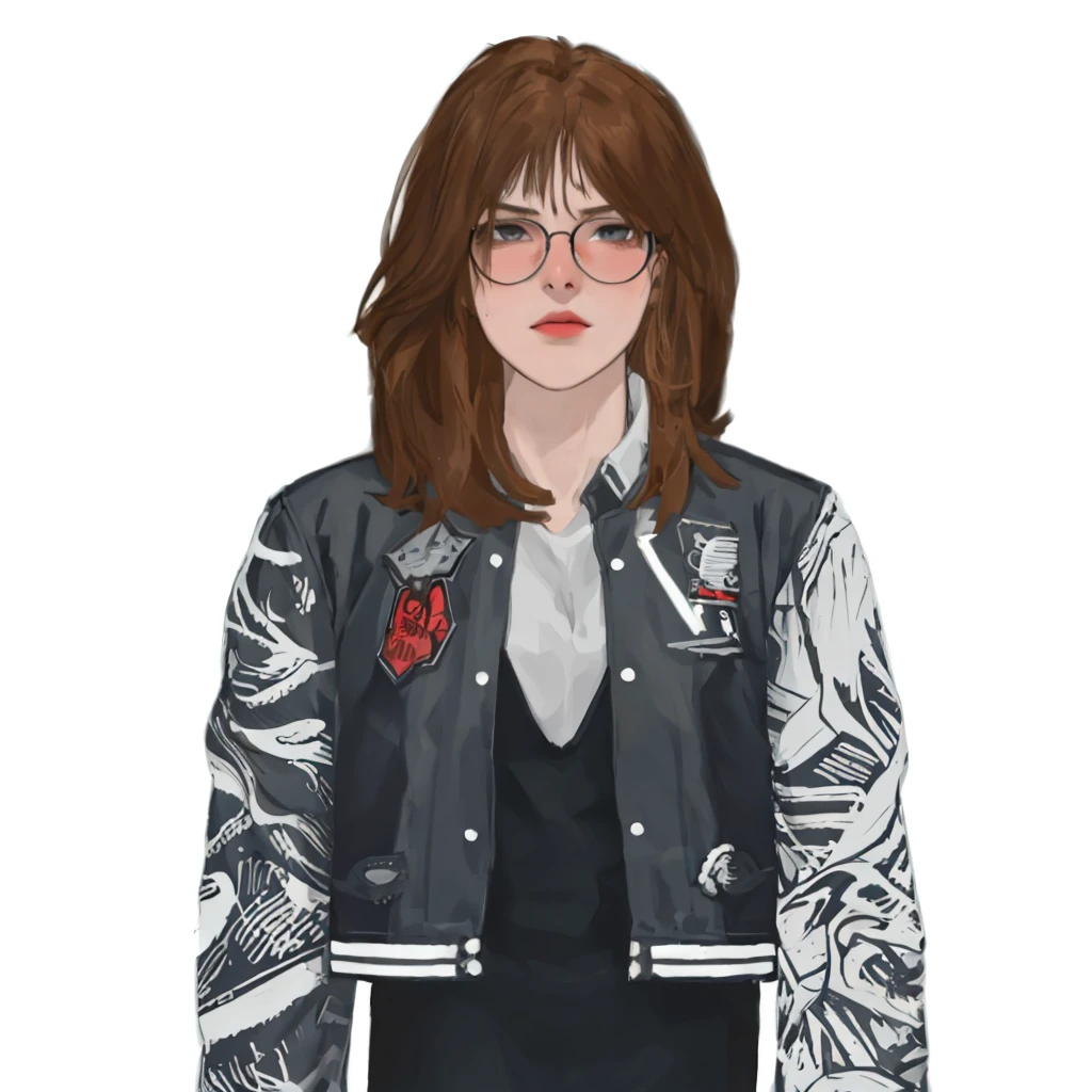 (masterpiece:1.2, best quality), (1girl, solo, upper body:1.2),flat face,Hair: buzz cut,Clothing: oversized, distressed denim jacket with patches and pins, paired with black skinny jeans and combat boots, Hanging out in an underground music venue or street art exhibit