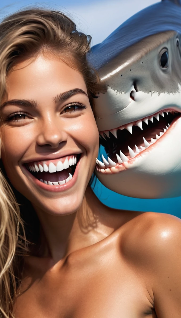 Portrait d'une sublime femme souriante avec des dents de requin et un aileron de requin dans les cheveux, dents de requin, machoire de requin