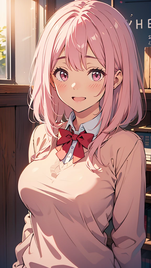 8k,(High quality:1.4),(best quality:1.4),(masterpiece:1.4),(busty breasts:1.3),(beautiful face:1.3),(beautiful woman:1.3),(pale pink hair:1.4),medium hair,a mole around the mouth,(enjoy:1.6),(closed eyes:1),(burst into laughter:1.4), (squinting:1.2)(school uniform:1.1),(beige sweater:1.2),(close-up:1.2),a red bow tie,(leaning forward:1.2)