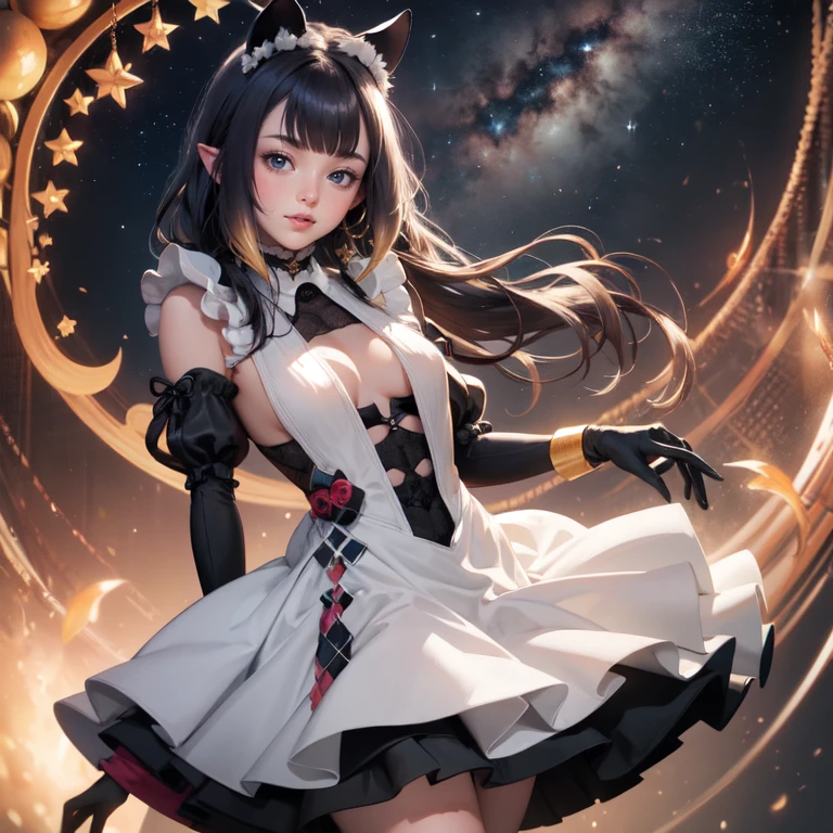 Ninomae Ina'nis, VTuber, 1 girl, solo, alone, violet hair, orange hair, multicolored hair, long hair, ornament hair, 1girl, white maid dress, jewelry, flowing hair, long hair, maid dress with a short skirt and layers, white laces, white boots, white dress with transparency, gold details on her clothes, more details, perfectly body, perfectly hands, two hands, two legs, two arms, five fingers, glowing hair, best quality, cat ears, animal ears, two cat tail, white gloves, alone, maid headdress, choker, detached sleeves, maid dress, maid white dress, masterpiece, best quality, detailed face, night, asymmetrical gloves, bangs, white short skirt , earrings, elbow gloves, fishnet thigh highs, fish masterpiece, solo, best quality, detailed face, gloves, hair between eyes, jewelry, looking at viewer, single earring, sky, sleeveless, solo, thigh boots, thigh highs, uneven gloves, solo, alone, Looking at the viewer, More details on the clothes, magenta roses on her hair, space scenery, maid, maid dress, magenta details, magenta roses, maid headdress, maid apron, seat on the Saturn rings, more details on her clothes, gold details on her clothes, space, smiling, standing her hand to a viewer, looking at the viewer, in the background a several asteroids glowing with fiery auras, Dramatic lighting from distant stars and planets illuminates the scene, looking at the vast and mysterious universe, cowboy shot, upper body portrait, more details, sparkle,