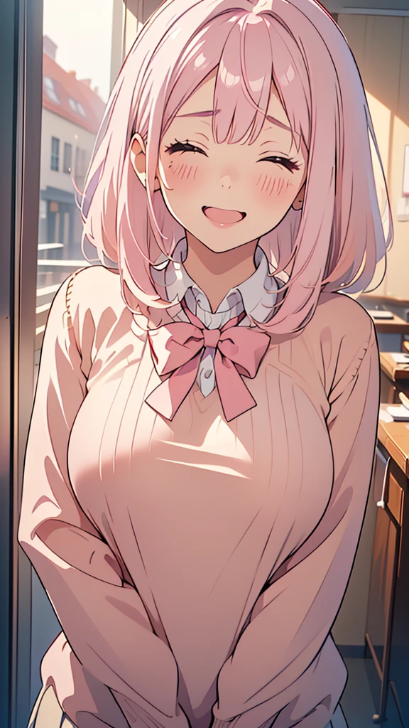 8k,(High quality:1.4),(best quality:1.4),(masterpiece:1.4),(busty breasts:1.3),(beautiful face:1.3),(beautiful woman:1.3),(pale pink hair:1.4),medium hair,a mole around the mouth,(enjoy:1.6),(closed eyes:1),(burst into laughter:1.4), (squinting:1.2)(school uniform:1.1),(beige sweater:1.2),(close-up:1.2),a red bow tie,(leaning forward:1.2)