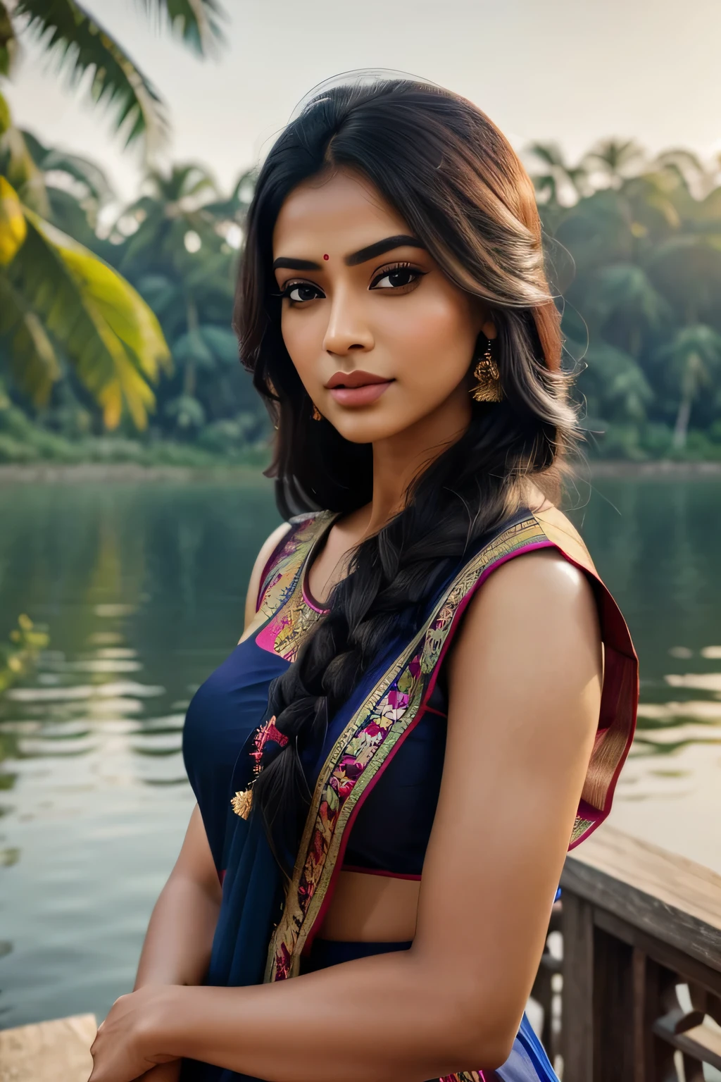 ultra-realistic photographs,Indian Instagram Kerala female,Saree,mid 20s,9:16,mid-shot,beautiful detailed eyes,detailed lips,longeyelashes,black stylish hair, naturally full eyebrows,perfectly formed nose,expressive face,attractive appearance,candid photo,vibrant and colorful salwar-kameez dress, heavily embroidered dress, lake background, serene atmosphere,stunning architecture,soft and natural lighting,vivid colors,photorealistic,HDR,highres,studio lighting,ultra-detailed,bokeh,fully covered clothes