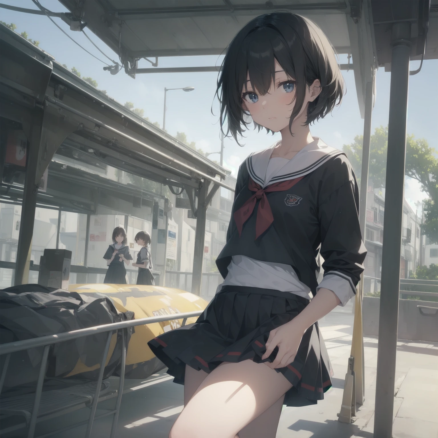 ultra-absurdres-Top quality by artist God, ultra-detailed, high resolution, anime moe artstyle, best anime 8k konachan wallpaper, pixiv contest winner, pool:2810, perfect anatomy,break, 1girl, (Please draw a girl walking sleepily to school alone. )break,(Solo,little female, 13-year-old:1.3),Full limbs, complete fingers,a junior high school student, (very short hair), short cut, flat chest, , small butt, small black eyes, beautiful detailed eyes, well-proportioned iris and pupils, expressive eyes, highres detailed hair, soft expression, salor school_uniform, sailor collar, serahuku, bow, pleated skirt,(Detailed Lighting), (Detailed background), in the School commute route. break,super detailed skin, Best cinematic lighting powered by famous artist, 8k,beauty illustration,photoshop_(medium),very aesthetic,break,((artist:enkyo_yuuichirou )), artist:clamp ,artist:carnelian ,artist:kantoku ,