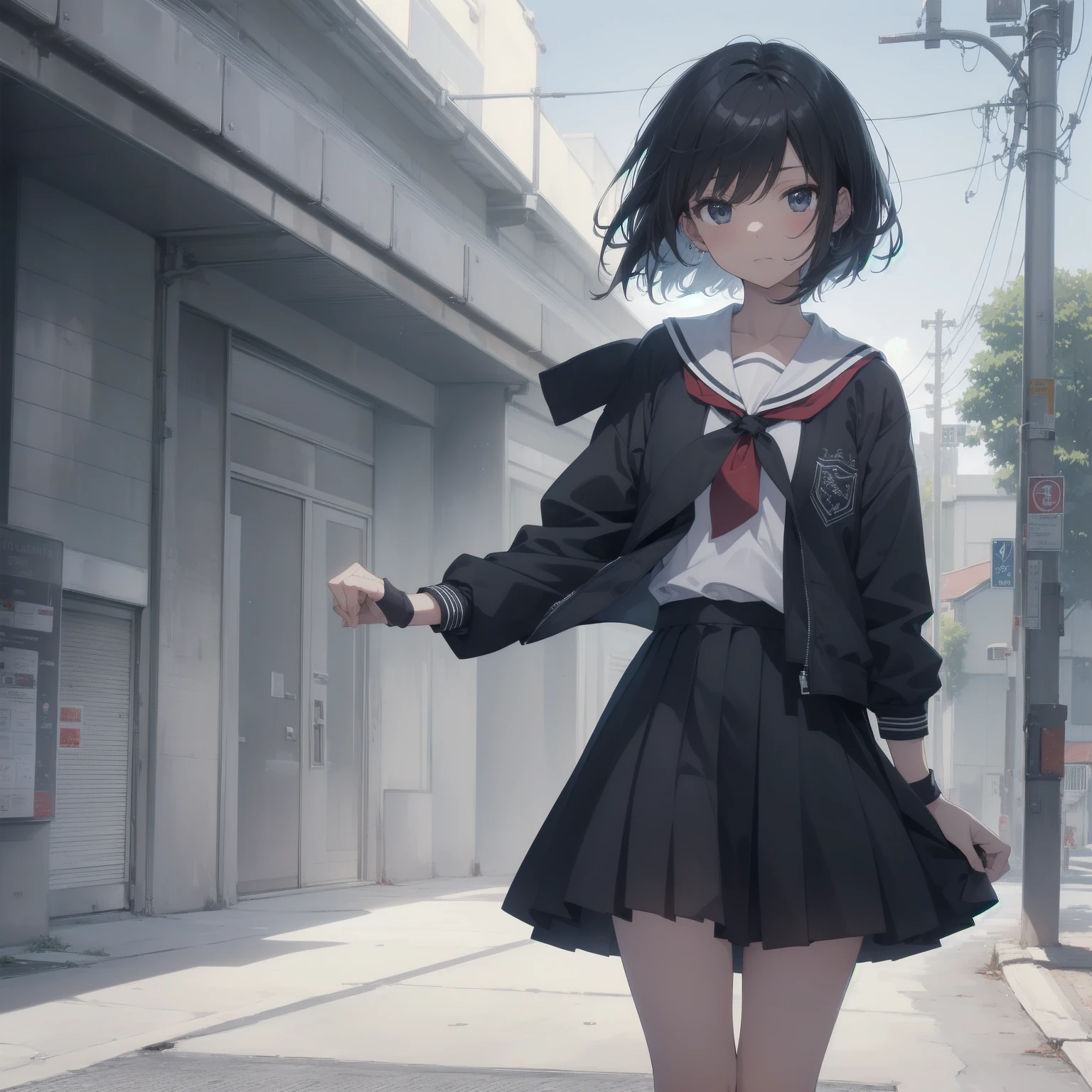 ultra-absurdres-Top quality by artist God, ultra-detailed, high resolution, anime moe artstyle, best anime 8k konachan wallpaper, pixiv contest winner, pool:2810, perfect anatomy,break, 1girl, (Please draw a girl walking sleepily to school alone. )break,(Solo,little female, 13-year-old:1.3),Full limbs, complete fingers,a junior high school student, (very short hair), short cut, flat chest, , small butt, small black eyes, beautiful detailed eyes, well-proportioned iris and pupils, expressive eyes, highres detailed hair, soft expression, salor school_uniform, sailor collar, serahuku, bow, pleated skirt,(Detailed Lighting), (Detailed background), in the School commute route. break,super detailed skin, Best cinematic lighting powered by famous artist, 8k,beauty illustration,photoshop_(medium),very aesthetic,break,((artist:enkyo_yuuichirou )), artist:clamp ,artist:carnelian ,artist:kantoku ,