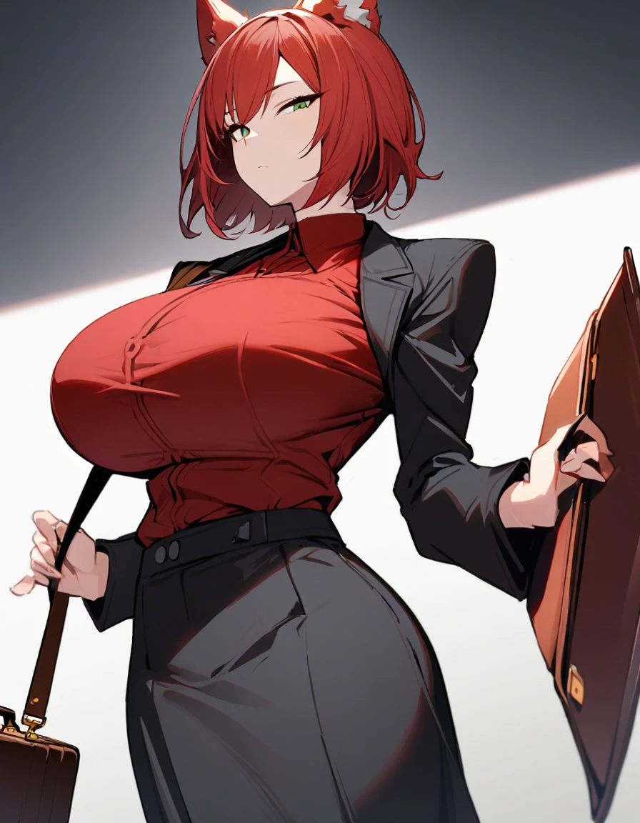 1girl,solo,red hair color,wolf cut hair(short),wolf ears,green eyes,slanted eyes,super huge breasts,slender,red shirt,long sleeves,briefcase,expressionless,looking at viewer,near,beautiful person ,cool,standing up,white background
