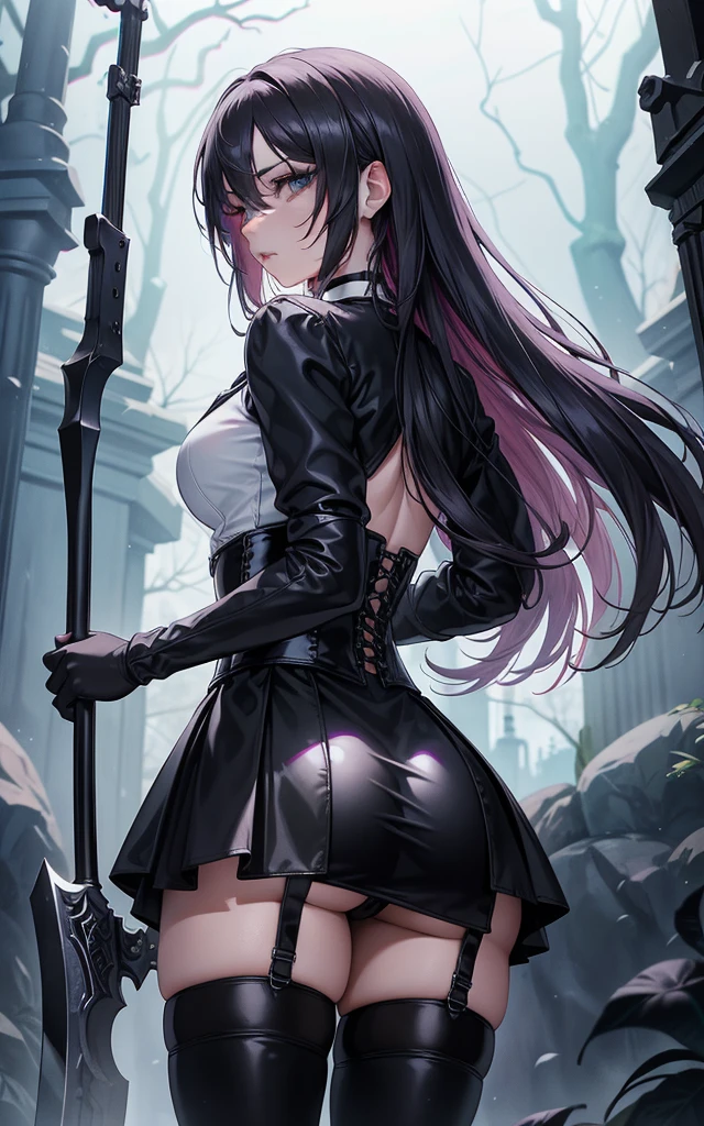 Masterpiece, Beautiful art, professional artist, 8k, art style by sciamano240, Very detailed face, Detailed clothing, detailed fabric, 1 girl, view from behind, perfect ass, perfectly drawn body, fighting pose, beautiful face, long hair, blue eyes, very detailed eyes, pink cheeks, shy expression, choker:1.6, (long sleeve white collar buttoned shirt), black gloves, gloves covering hands, (holding an ax in the right hand), (black leather corset), (black miniskirt), (shiny black leggings), sensual lips , evening de invierno, show details in the eyes, view from front, looking at the viewer, dark path, dark forest, evening, Atmosphere, fog