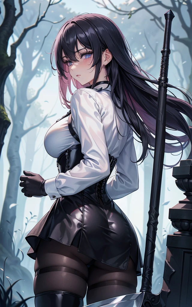 Masterpiece, Beautiful art, professional artist, 8k, art style by sciamano240, Very detailed face, Detailed clothing, detailed fabric, 1 girl, view from behind, perfect ass, perfectly drawn body, fighting pose, beautiful face, long hair, blue eyes, very detailed eyes, pink cheeks, shy expression, choker:1.6, (long sleeve white collar buttoned shirt), black gloves, gloves covering hands, (holding an ax in the right hand), (black leather corset), (black  miniskirt), (shiny black leggings), sensual lips ,  evening de invierno, show details in the eyes, view from front, looking at the viewer, dark path, dark forest, evening, Atmosphere, fog