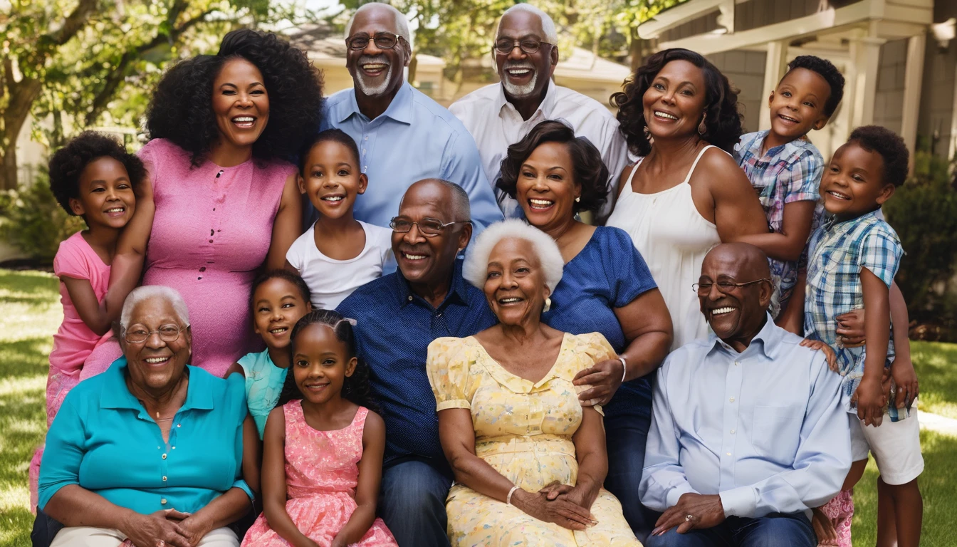 A joyful family gathering with Edward McDonald, a black man, surrounded by his black wife Mazola Ann, four children, grandchildren, and great-grandchildren. Everyone is smiling and enjoying their time together.