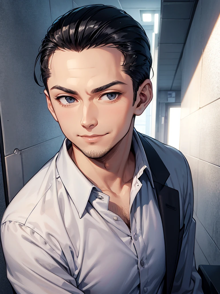 Forehead, Slicked back hairstyle, A kind smile, One Man, Portrait from chest up, Very short black hair, Old man in clothes, Please open your eyes a little, Male hand,Man&#39;s face,Male eyebrows, Male Eyes, Sharp Nose ,Long Nose, Slicked back hairstyle, Black butler uniform, Iris, walking , A kind smile, Reminiscent of a novel cover, Dramatic lighting, Emphasize the contrast between light and shadow, (Official Art, Highest quality、unity 8k wallpaper、32k、masterpiece、Very detailed, grab your hair with your hands, Cinema Lighting, Isekai Tensei, anime,Beautiful light shining through the window, sense of cleanliness,