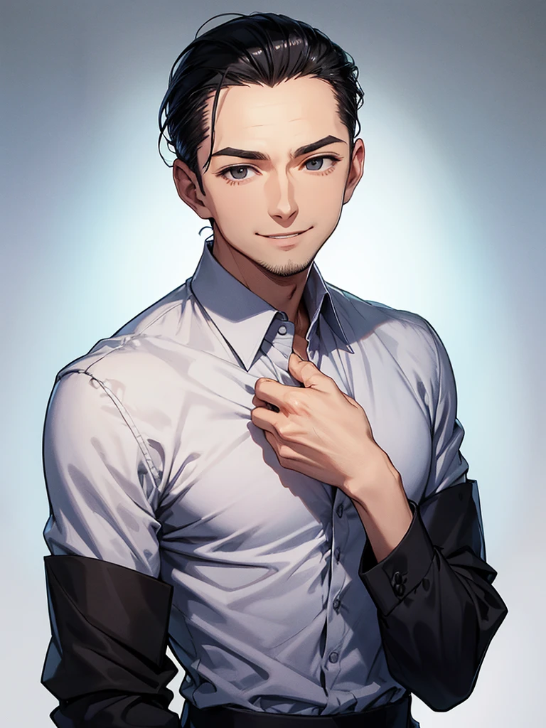 Forehead, Slicked back hairstyle, A kind smile, One Man, Portrait from chest up, Very short black hair, Old man in clothes, Please open your eyes a little, Male hand,Man&#39;s face,Male eyebrows, Male Eyes, Sharp Nose ,Long Nose, Slicked back hairstyle, Black butler uniform, Iris, walking , A kind smile, Reminiscent of a novel cover, Dramatic lighting, Emphasize the contrast between light and shadow, (Official Art, Highest quality、unity 8k wallpaper、32k、masterpiece、Very detailed, grab your hair with your hands, Cinema Lighting, Isekai Tensei, anime,Beautiful light shining through the window, sense of cleanliness,