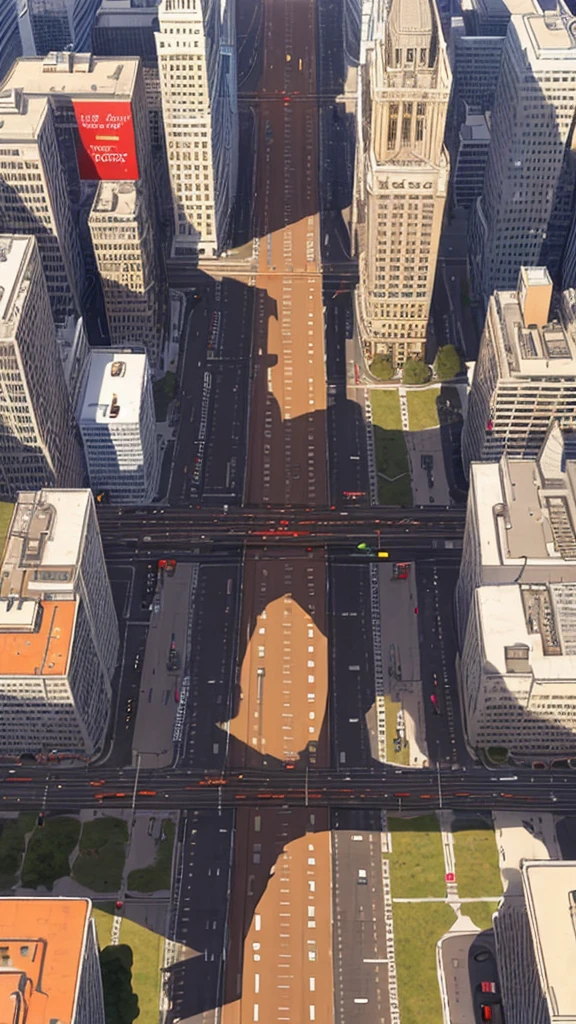 Straight road running through the center of the city, game concept, game map, pixel, pixel art, (straight road:1.2), paved road, detailed, vertical, bird's eye view, modern city, modern buildings, post-apocalypse, front projection