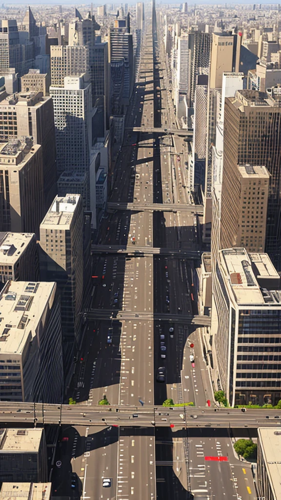 Straight road running through the center of the city, game concept, game map, pixel, pixel art, (straight road:1.2), paved road, detailed, vertical, bird's eye view, modern city, modern buildings, post-apocalypse, front projection