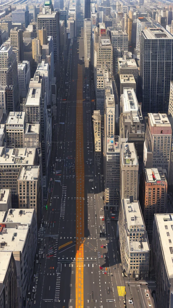 Straight road running through the center of the city, game concept, game map, pixel, pixel art, (straight road:1.2), paved road, detailed, vertical, bird's eye view, modern city, modern buildings, post-apocalypse, front projection