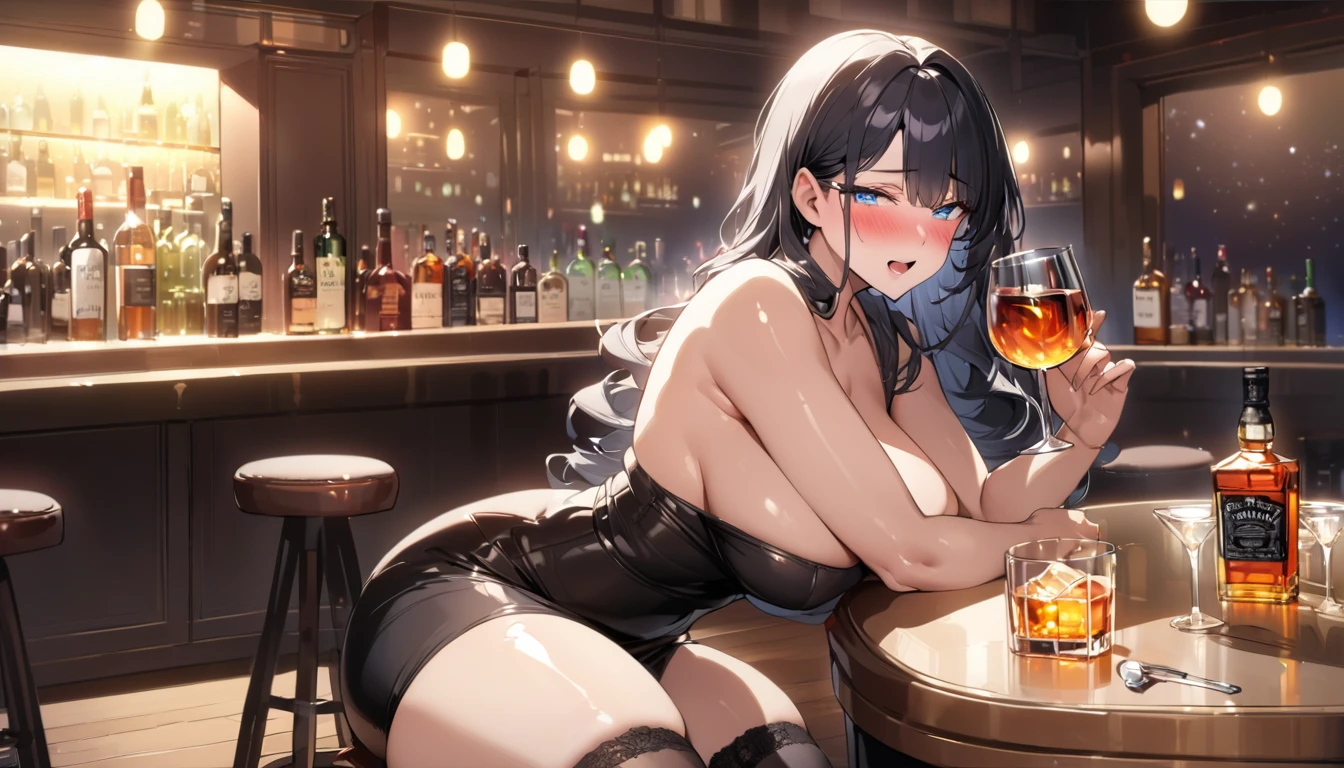 best quality, 4K, high resolution, masterpiece:1.2, Extremely detailed),Looking at the camera sadly,Large Breasts,30 years old girl,独奏,black hair,long hair,blue eyes,(drunk,blush),sitting,drinking,((Mature sexy body)),Black stockings,Black tight skirt, Mature sexy body,holding mug,counter,pub,(Fashion bar) indoors, ((Cocktail Glass) Full of colorful wine), (dimly light room), Wine Bottle, Detailed background,Fluffy hair,((((Night scene background))))), (((at the bar))), wine, whiskey, High ball,(Shiny and glowing, Effect:1.2)