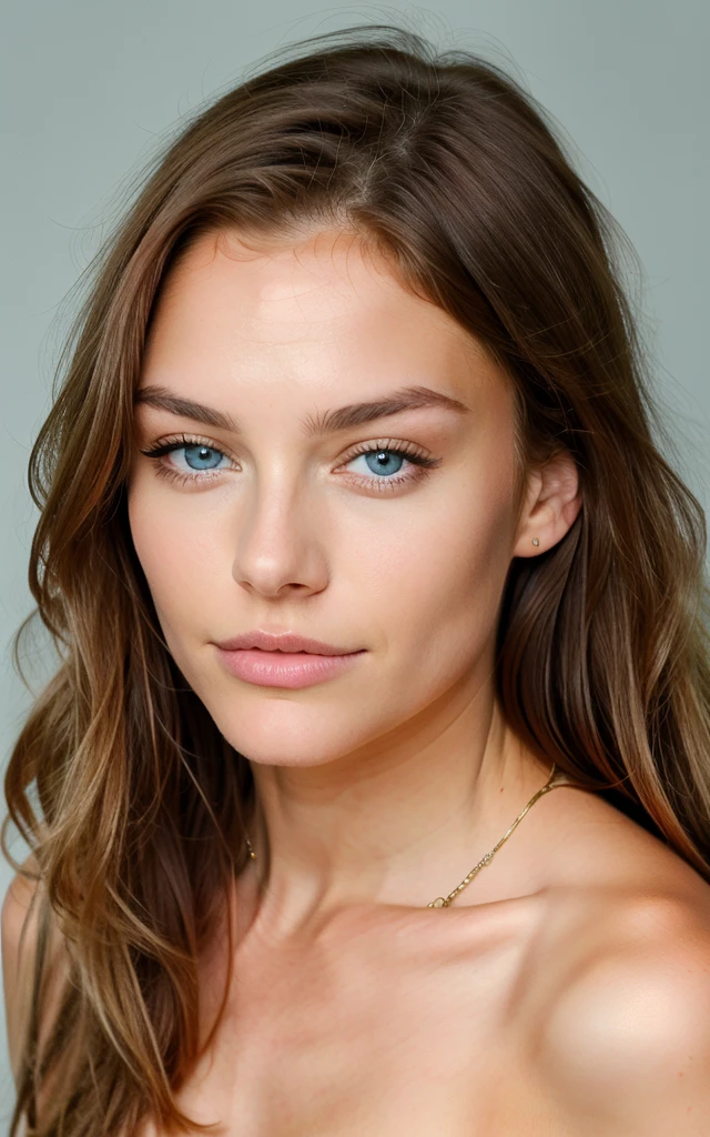 Belle brune aux reflets blonds complètement nue 22 ans, Visage innocent, cheveux ondulés naturels, yeux bleus, réaliste, 8K