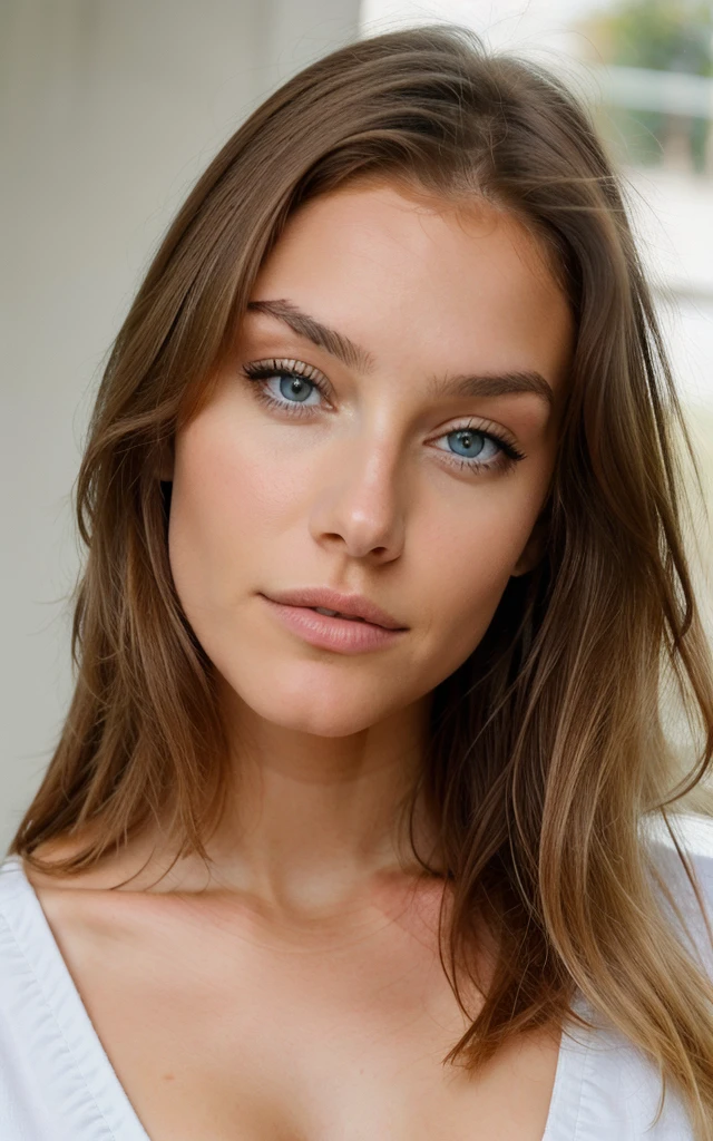 Belle brune aux reflets blonds complètement nue 22 ans, Visage innocent, cheveux ondulés naturels, yeux bleus, réaliste, 8K